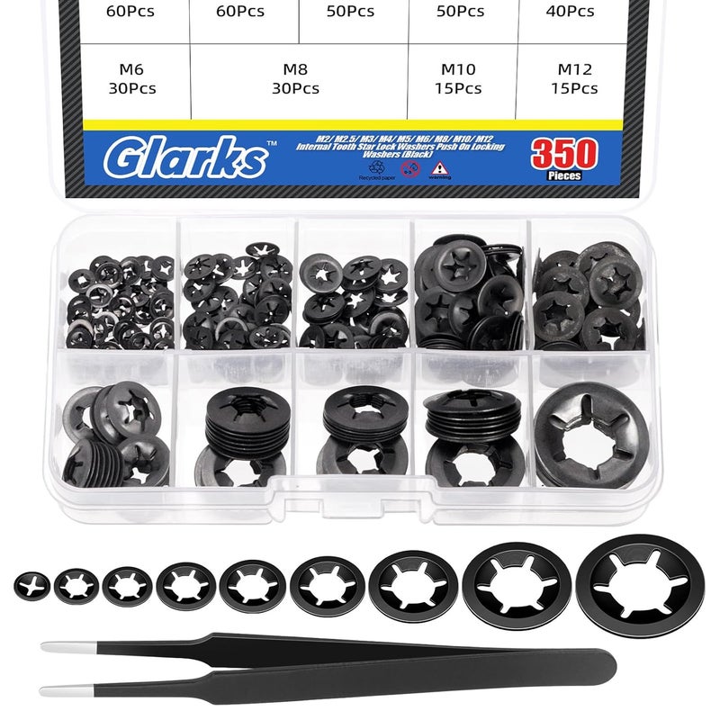 Glarks 351pcs 65Mn-Steel Internal Tooth Star Lock Washers Assortment Kit M2-M12 Quick Speed Locking Washers - Image 1